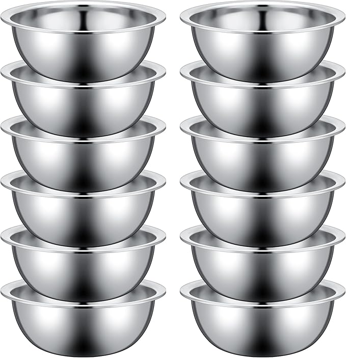 Pinkunn 12 Pcs Stainless Steel Mixing Bowls, Nesting Metal Salad Prep Bowls Bulk Reusable Baking Food Container Large Medium Small for Kitchen Hotel Restaurant Cooking, Silver (10.2 x 3.26 Inch)