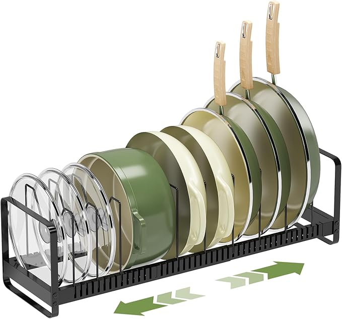 MUDEELA Pot Rack Pan Organizer inside Cabinet - Expandable Pot Lid Organizer for Cabinet with 12 Adjustable Dividers, Cutting Board Organizer Holder Baking Rack Kitchen Cabinet Storage Organization