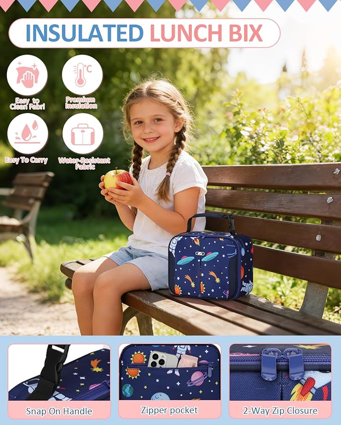 Capolo Insulated Lunch Box for Kids, Cute Thermal Lunch Bag for School, Reusable Lunch Tote for Boys and Girls, Durable Cooler Bag with Easy Grab Handle, Lightweight and Easy to Clean,Deep Blue Space