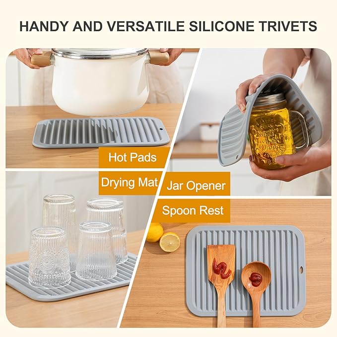 9"x12" Large Silicone Trivets for Hot Pots and Pans, Hot Dishes, 2 Heat Resistant Non Slip Mats for Countertop Table, Silicone Pot Holders Hot Pads for Kitchen, Food Grade & BPA Free, Gray