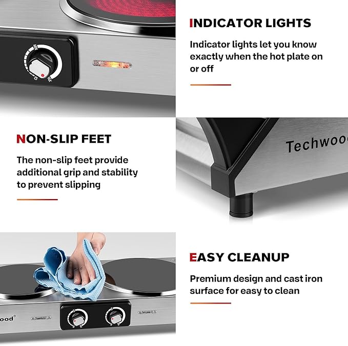 Techwood Electric Stove, Double Infrared Ceramic Hot Plate for Cooking, Two Control Cooktop Burner, Portable Anti-scald handles Suitable for Office/Home/Camp Use, 1800W Compatible for All Cookwares