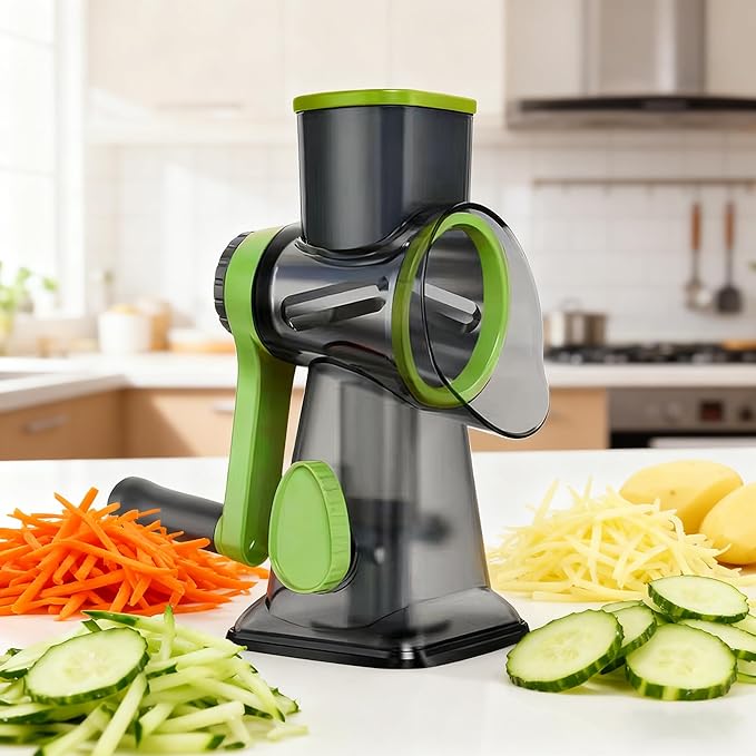 Multi-functional hand-cranked vegetable slicer, drum slicing and shredding vegetable slicer, cheese slicing and shredding kitchen small tools, 3 replaceable blades