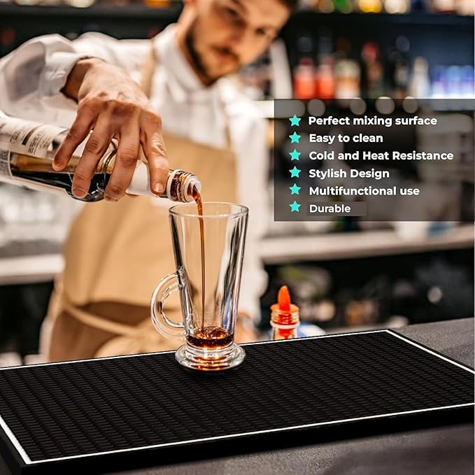 Bar Mat 4-Pack, 18 x 12 Rubber Coffee Bar Mats for Countertop, Bartending, Home Use, Spill Protection and Coffee Stations, Ideal Matt for Cocktail, Whiskey and Espresso