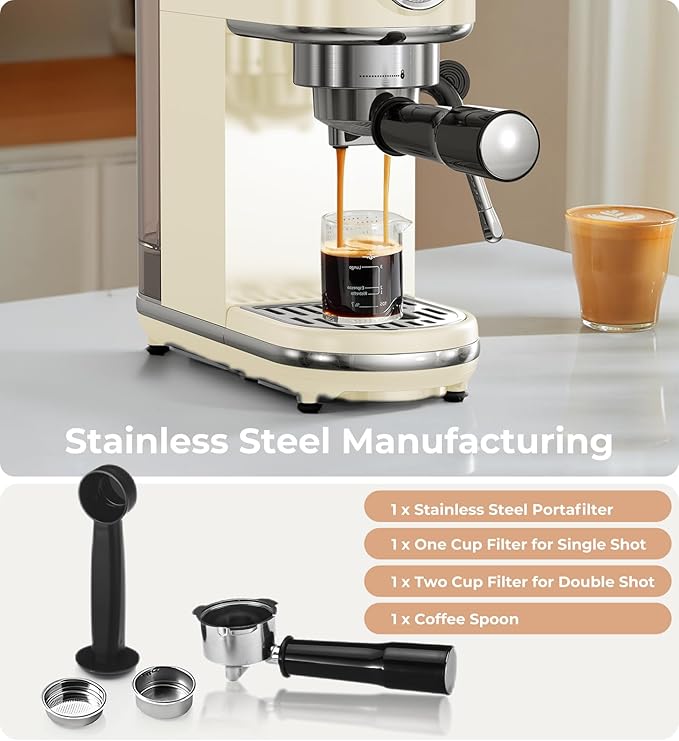atatix 20 Bar Espresso Machine with Milk Frother, Compact Espresso Maker, Stainless Steel Coffee Machine with Precise Temp Control & 44oz Removable Water Tank for Latte, Cappuccino, Creamy White