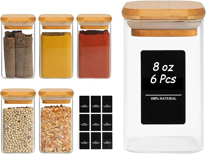 ComSaf 6Pcs 8oz Spice Jars with Label Trial Set, Glass Spice Jars with Bamboo Lids Supplementary Set, Seasoning Container Trial Pack, Perfect for Ktichen Starter