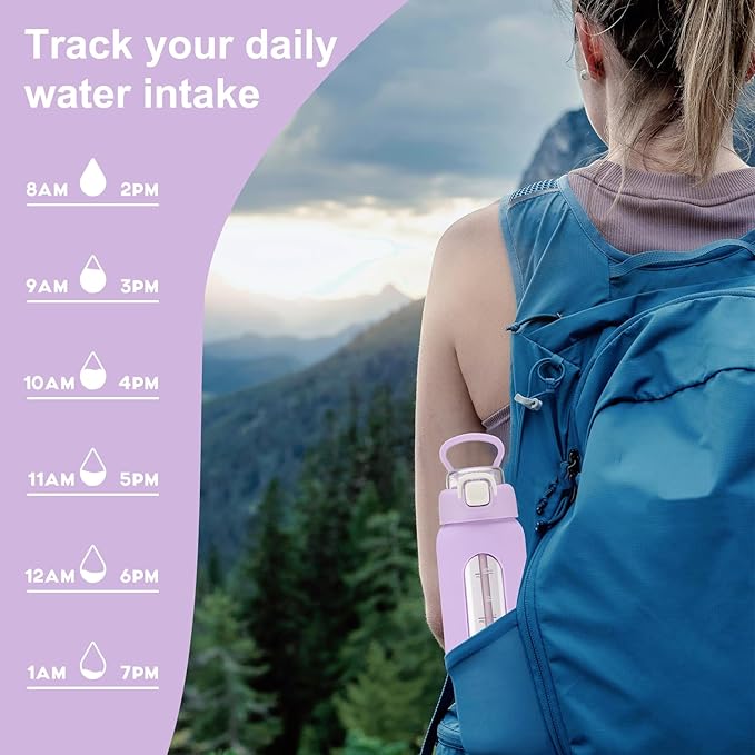 chunmo 24 oz Glass Water Bottles with 2 Lids-Handle Spout Lid & Straw Lid, Motivational Water Bottle with Time Marker and Silicone Sleeve,Leakproof-Purple-1 Pack