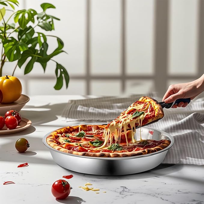 Elsjoy 4 Pack 13 Inch Stainless Steel Deep Pizza Pan, Large Round Pizza Baking Pan, Heavy-Duty Pizza Dish for Oven, Dishwasher Safe
