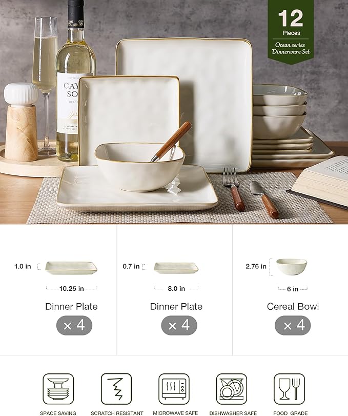 famiware 3 Pcs Rectangular Serving Platter and Dinnerware Set for 4 (12Pcs), Vanilla White