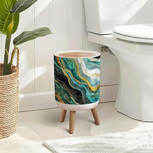 Trash Can with Lid Mural for Wall Frame Resin geode Abstract Art Functional Art Press Top Round Small Garbage Bin with Wooden Legs Waste Basket for Kitchen Bedroom Nursery 7L/1.8 Gallon