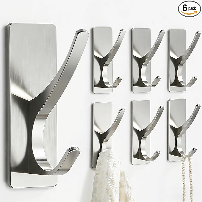 pickpiff Brushed Nickel Self Adhesive Coat Hooks for Hanging: 13LB Extra Strong Stainless Wall Hook for Towel, Utensil, Backpack, Hat, Sturdy Metal Hanger for Bathroom, Kitchen, Door, 6-Pack