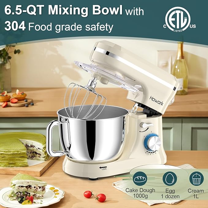 HOWORK Electric Stand Mixer,10+p Speeds With 6.5QT Stainless Steel Bowl,Dough Hook, Wire Whip & Beater,for Most Home Cooks (White)