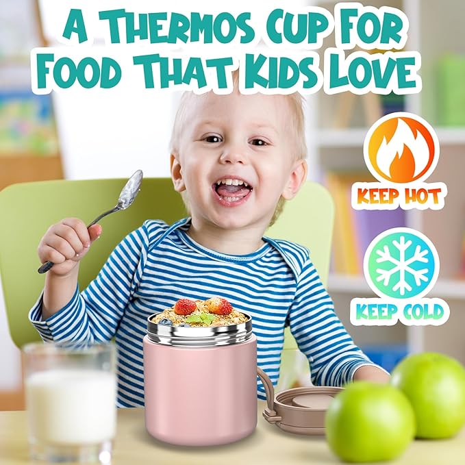 Insulated Food Jar for Kids - 15.2 Oz, Thermo for Hot Food, Soup Thermo, Insulated Food Container, Termos Para Comida Caliente, Width Mouth Stainless Steel Lunch Box with Spoon, Pink