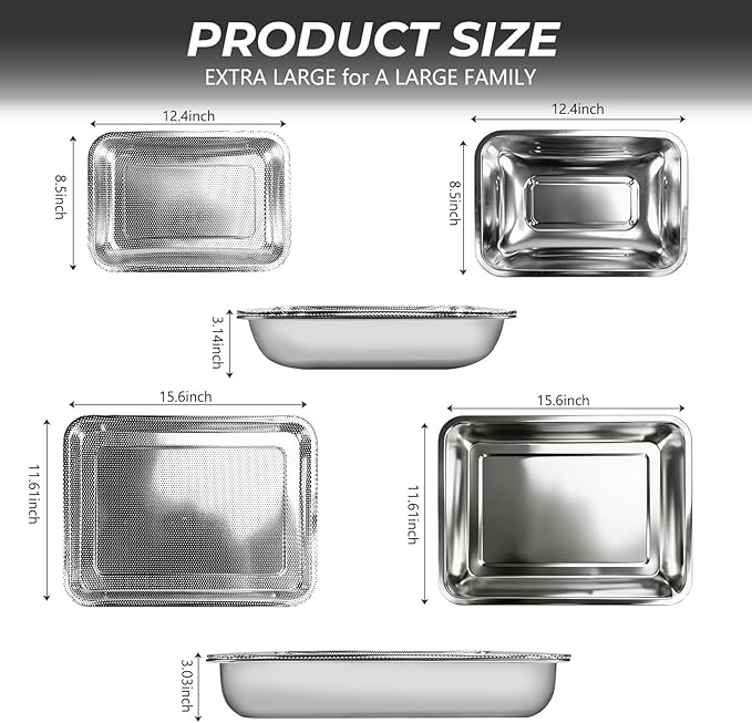 2 Pcs 15.74"12.59" Stainless Steel Roasting Pan Set, Baking Pan for Oven with 2 Pcs Oil-spill Trays, Heavy Duty, Dishwasher Safe Rectangular Lasagna Pan for Turkey Chicken, Silver