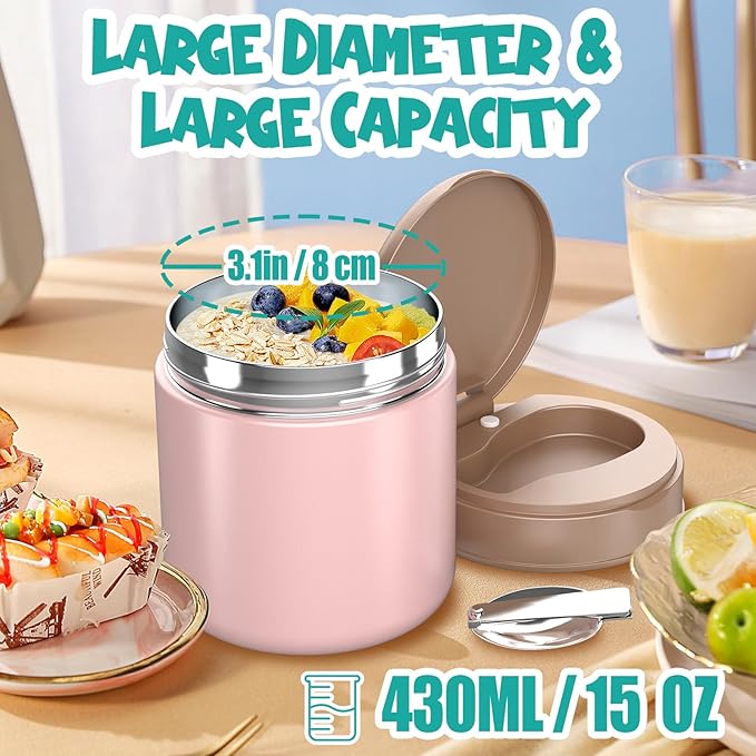 Insulated Food Jar for Kids - 15.2 Oz, Thermo for Hot Food, Soup Thermo, Insulated Food Container, Termos Para Comida Caliente, Width Mouth Stainless Steel Lunch Box with Spoon, Pink