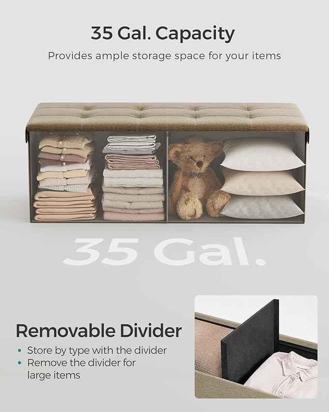 SONGMICS MAZIE Collection - 43 Inches Folding Storage Ottoman Bench, Ottoman Foot Rest, End of Bed Bench, Storage Chest, Load 660 lb, for Living Room, Bedroom, Entryway, Camel Brown ULSF077R01