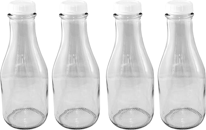 The Dairy Shoppe Glass Milk Bottle, Heavy Glass with Extra Lid, Creamery Style with Extra Caps (4, Round Quart)
