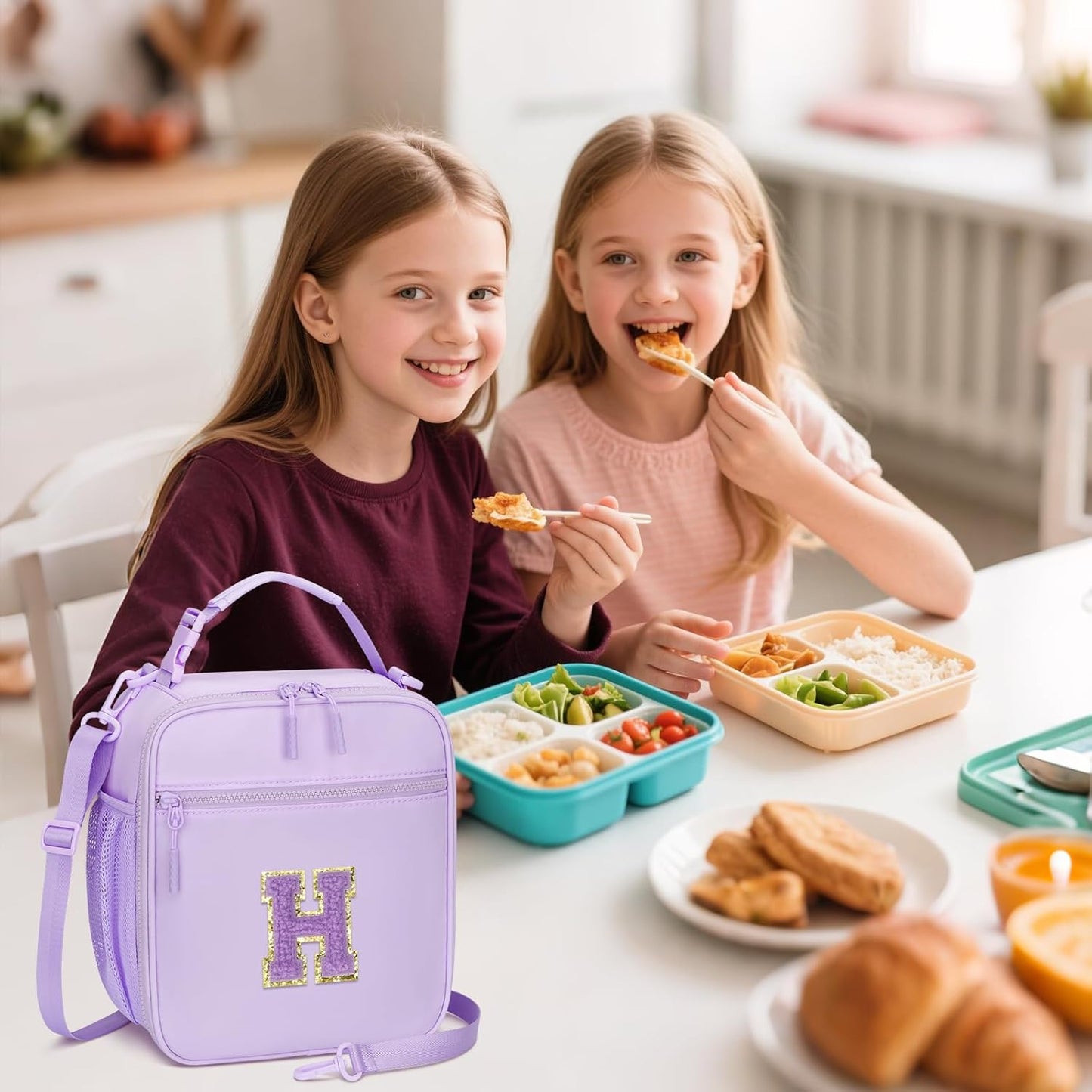 Initial Insulated Lunch Bag for Girls Kids, Back to School Gift, Reusable Leak-proof Lunch Box with Adjustable Strap for School Daycare Travel Picnic (Purple,H)