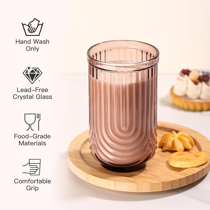 JOVGANK Amber Vintage Glassware Set of 6-17Oz Brown Water Drinking Glass, Art Deco Ripple Highball Glass, Whiskey Cocktail Glasses, for Bar Ice Coffee Juice, Housewarming Gifts and Mother's Day Gift