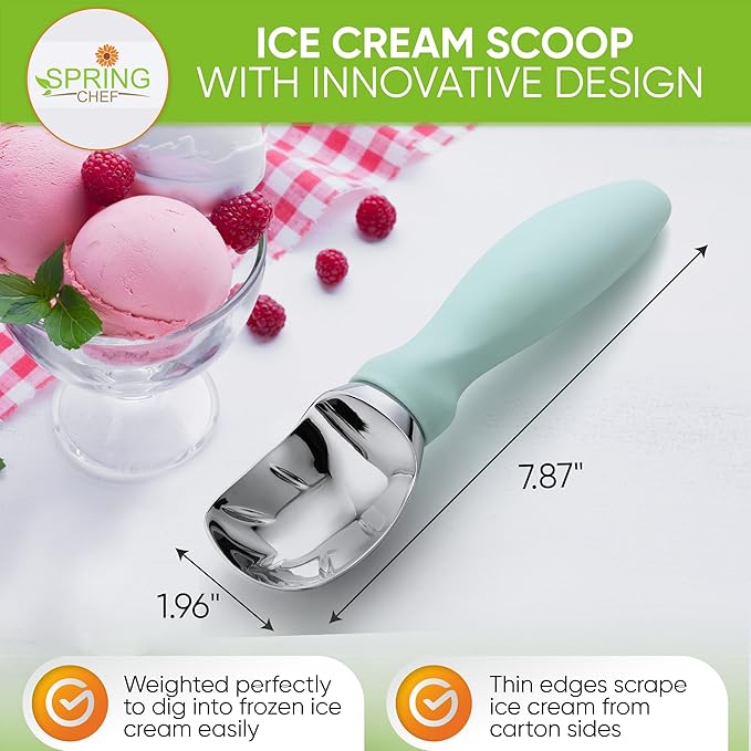 Spring Chef Heavy Duty Ice Cream Scoop with Comfortable Handle, Premium Ice Cream Scooper for Cookie Dough, Frozen Yogurt, Gelato, Sorbet, Melon - Dishwasher Safe Kitchen Tools - 2 Pack - Mint