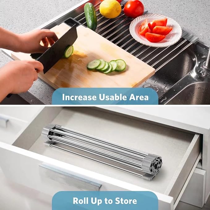 Upgraded Roll Up Dish Drying Rack(21.5” x 13.1”) Over Sink Dish Drainer Foldable Stainless Steel Trivet for Kitchen Countertop