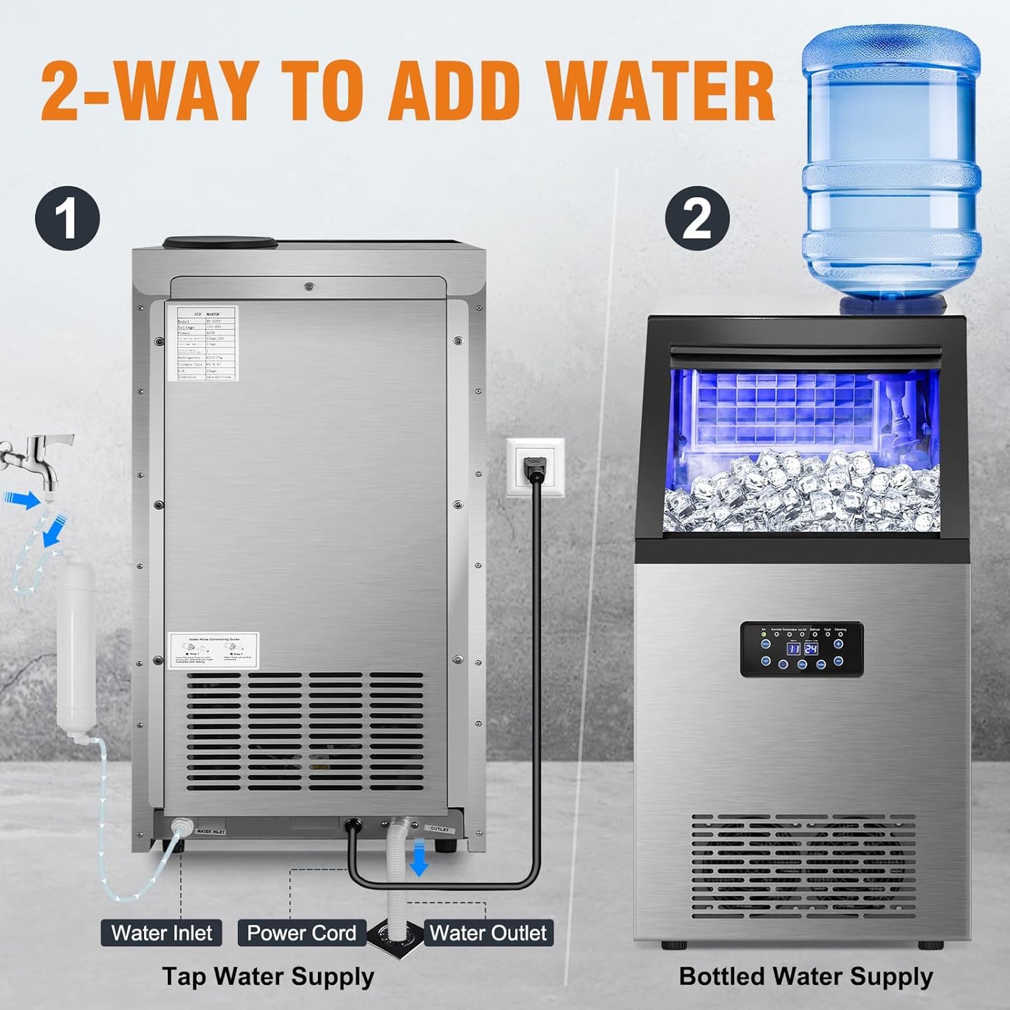 Commercial Ice Maker Machine, 120Lbs/24H with 30Lbs Storage Bin, 40Pcs Ice Cubes 6Mins, 2-Way Add Water Under Counter Freestanding Ice Maker Commercial for Home Bar Office