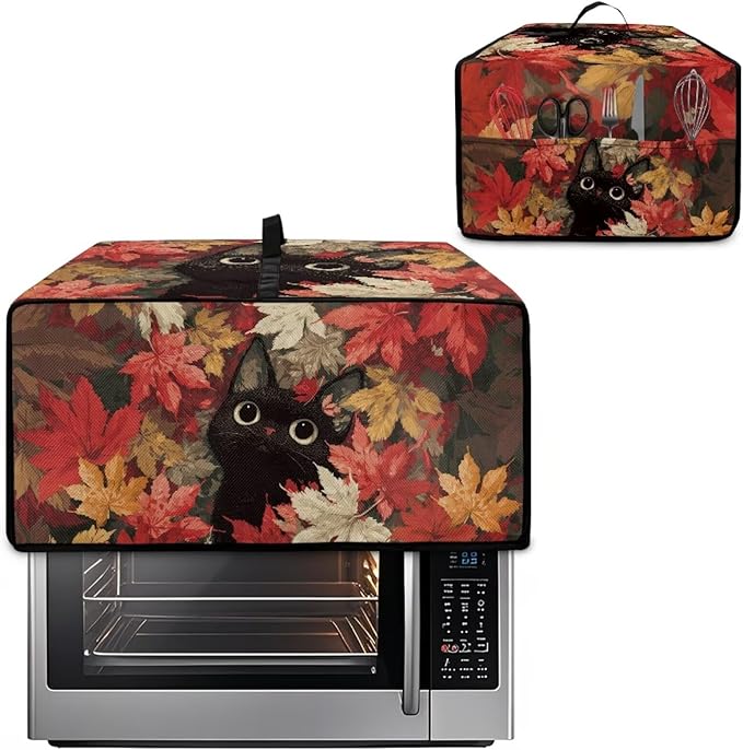 Air Fryer Toaster Oven Dust Cover Dust Protection Countertop Convection Oven Cover Stain-resistant Kitchen Appliance Protector, M, Black Cat Maple Leaf Fall Decor