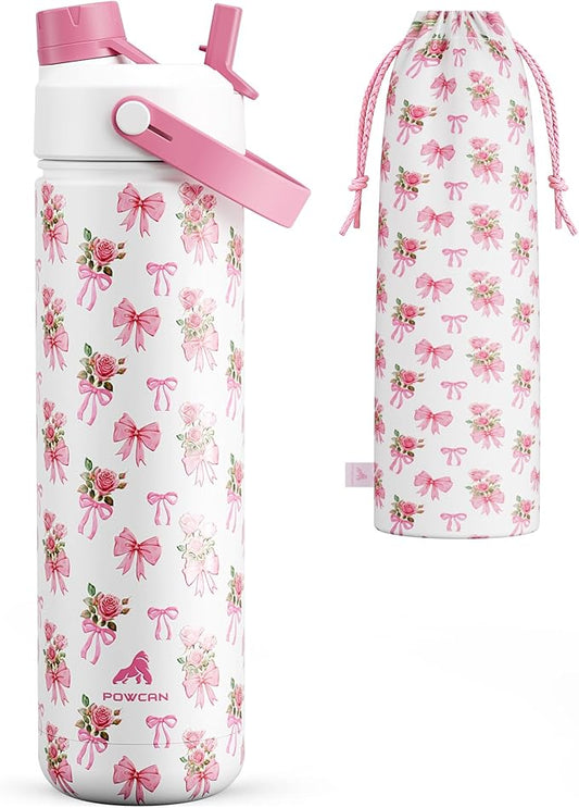POWCAN 26 oz Insulated Water Bottle with 2-in-1 Straw and Spout Lid, Keep Cold 24H, Leak-Proof, Fits in Car Cup Holder, Stainless Steel Water Bottle for Sports, Travel, Gift, and School (Rosy Bouquet)