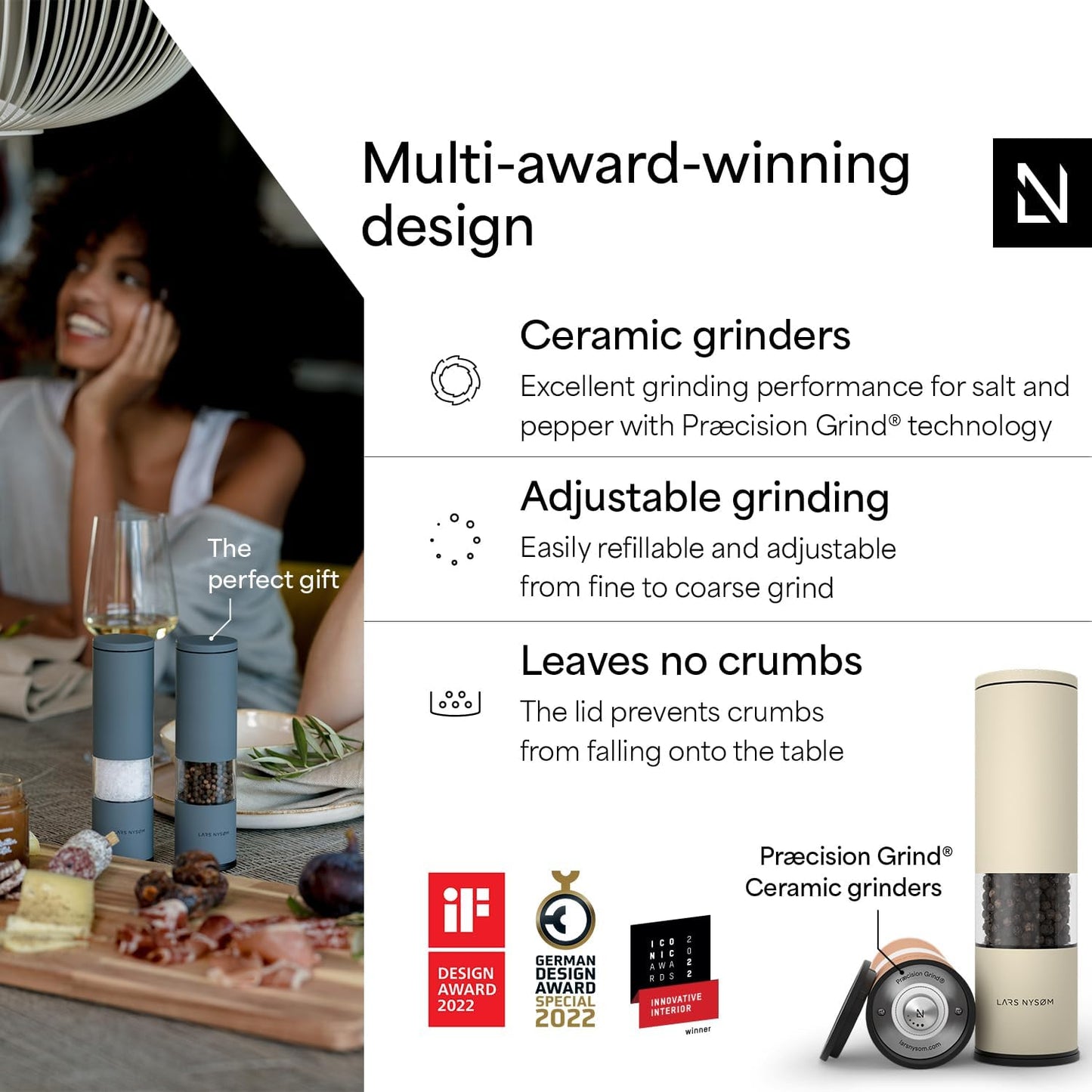 LARS NYSØM Salt and Pepper Grinder Set Manual, Stainless Steel Salt and Pepper Mills with Adjustable Ceramic Grinder I Design Spice Shakers (Peach/Beige)
