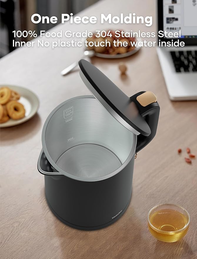 Small Electric Kettle, 0.8L Water Boiler & Heater, 1000W Hot Tea Pot, Double Wall Stainless Steel Cool Touch, Mini Coffee Kettle with Auto Shut Off & Boil Dry Protection, BPA-Free, Black Gold