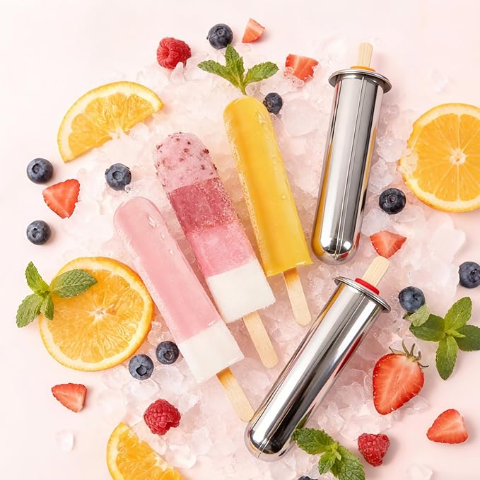 Stainless Steel Popsicle Molds Set 6 Pieces Ice Pop Maker, Homemade Popsicle Molds Maker with 50 Sticks, 20 Bags, 14 Silicone Seals, 1 Cleaning Brush and 1 Stand, DIY Ice Pop Mold for Kids (Round)