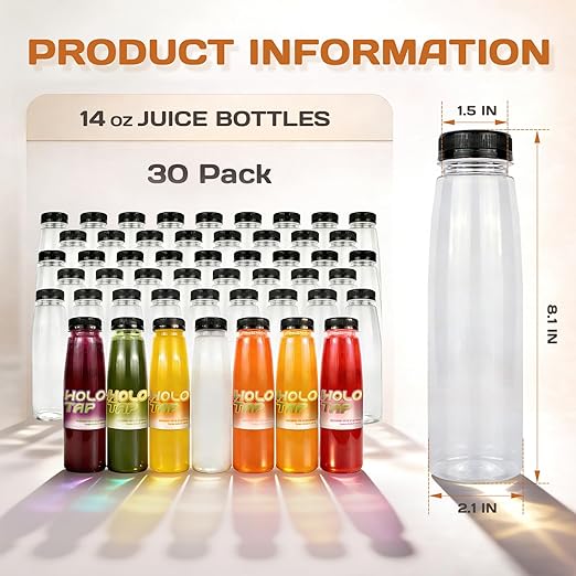 Holotap 30 Pack Empty PET Plastic Juice Bottles 14 OZ Clear Disposable Bulk Drink Bottles with Black Tamper Evident Caps Lids (14 OZ, Black)