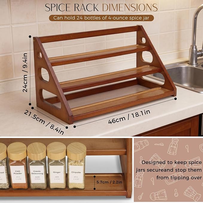 Spice Rack, Spice Organizer -3 Tier Bamboo Spice Racks, Solution for Spice Storage in Kitchens, Countertops，Storage Rooms and Other Places(Brown)