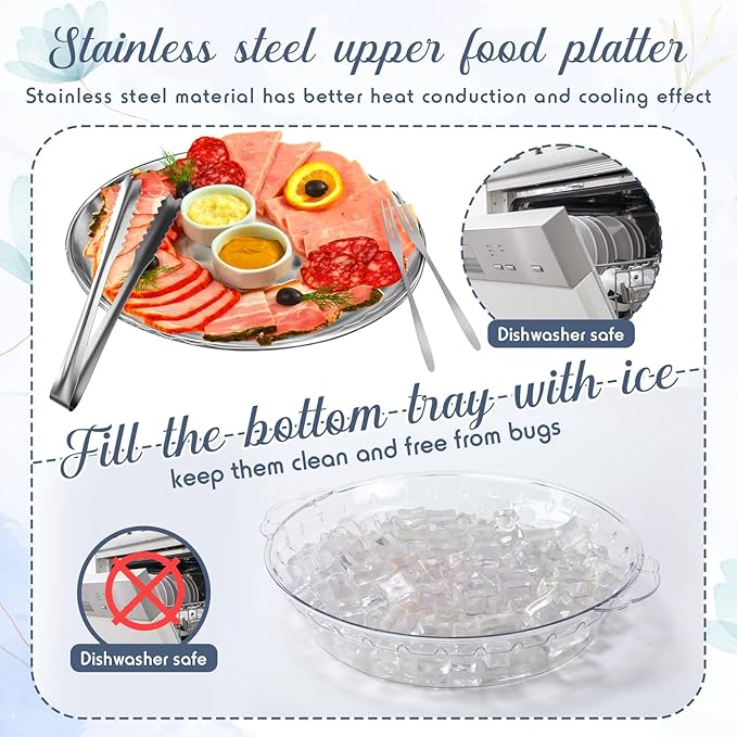 Baderke 2 Sets 11.8" Chilled Serving Tray for Parties Round Iced Platter with Ice Underneath Stainless Steel Clip Fruit Fork Shrimp Cocktail Serving Dish for Oysters Crawfish Fruits (Original)