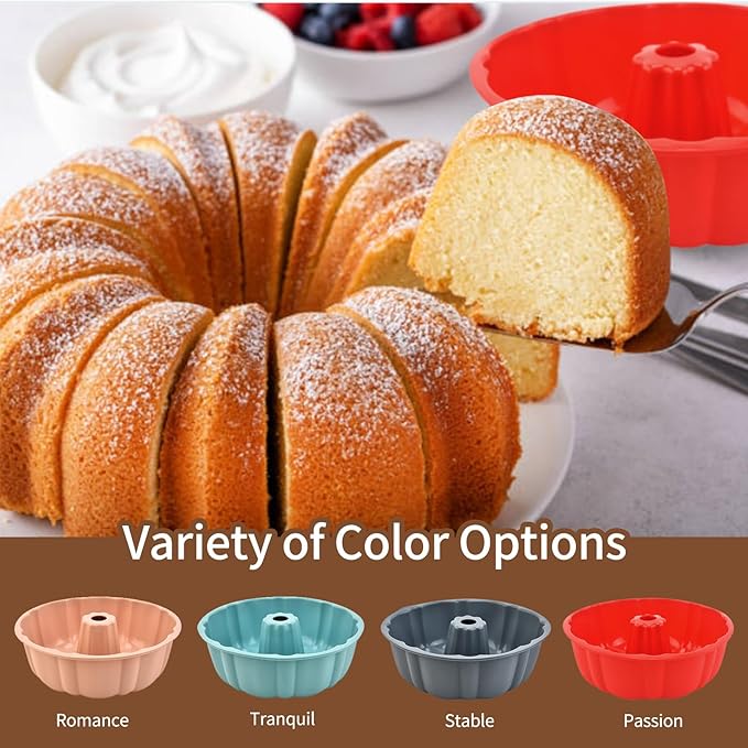 PADELE 2 Pack Silicone Cake Pan Nonstick,10 Inch, Silicone Cake Molds,Pound Pan, Baking Cake Pan for Jello,Gelatin,Cake,Brownie and Bread (Red+Pink)