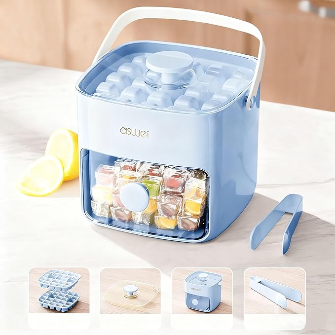 Mini Press-Type Ice Maker for Freezer + Silicone Ice Cube Trays with Lid and Bin