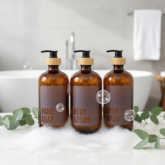 SAVVY & SORTED Amber Glass Hand Soap Dispenser for Bathroom, Kitchen Hand Soap Bottle with Label, Refillable Glass Bottle for Liquid Wash, Matching Dish Soap Dispenser Available, 17 Fl Oz / 500 ml