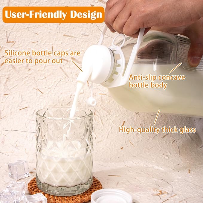 2 Pack 64 Oz Glass Milk Bottles with Nut Milk Bag & 2 Pour Spout & 2 Airtight Lids & Brush- 1/2 Gallon Heavy Duty Jug Pitcher Large Reusable Container for Milk, Juice, Water, Coffee for Refrigerator