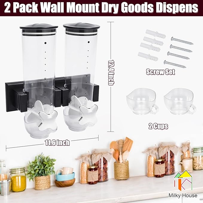 2 Pack Cereal Dispensers, Wall Mounted Food Dispenser Large Capacity Candy Dispenser, Double Dry Food Dispensers Wall Mount, Grain Dispenser for Kitchen Storage Oatmeal Snack Coffee Beans Candy, Black