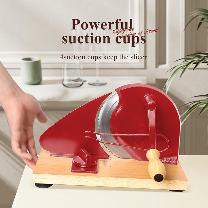 Manual Bread Slicer for Homemade Bread,Even Slicing Thickness-Adjustable Slices,Sourdough Slicer with Scale Lines&SuperStrong SuctionCup Fixation (Red-Guide)