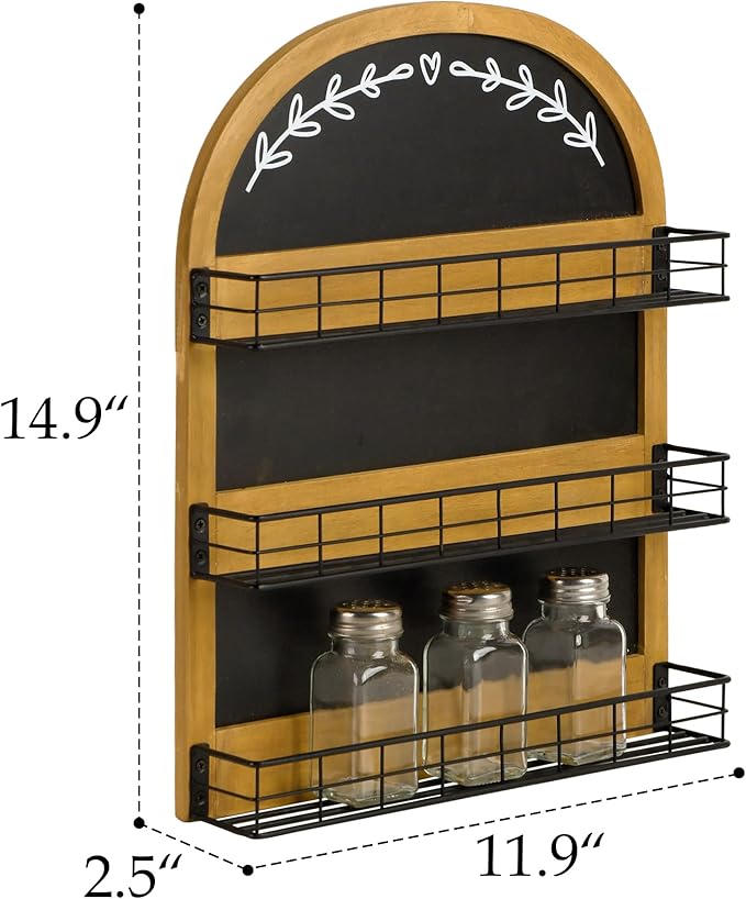 Wall Mount Spice Rack with Blackboard 3 Tier Wooden Spice Shelf Organizer for Kitchen or Pantry Space Saving Wall-mounted Spice Holder for 18 Jars, Black