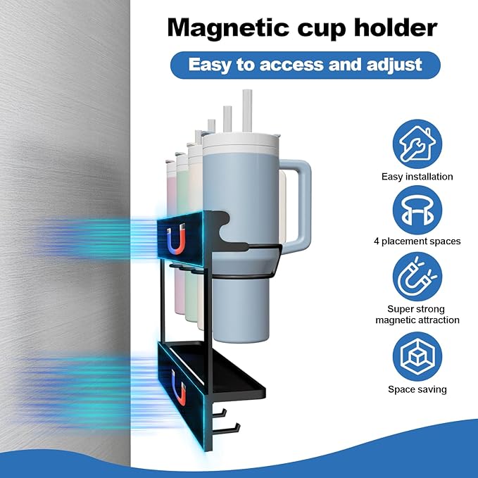 Magnetic Water Bottle Organizer for Stanley 40 oz Refrigerator Stanley Cup Organizer Holder Heavy-Duty Tumbler Holder Organizer Stanley 3 Cup Accessories, Easy to Install