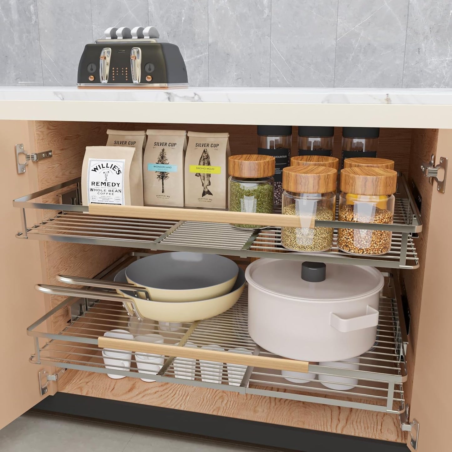 1Pack Expandable Pull Out Cabinet Organizer, Slide Out Drawers for Kitchen Cabinets, Heavy Duty Drawer Slides for Home Kitchen Pantry Cupboard Pots Pans, Adjustable Width 17.1"~28.1" W x 22.5''D