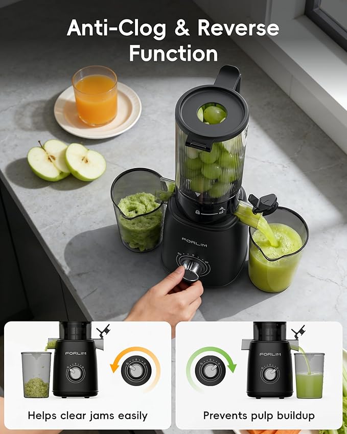FORLIM High-Yield Cold Press Juicer, Easy to Clean, Powerful Juicer Machines with Large Feed Chute for Whole Vegetables and Fruits, Self Feeding (Black)