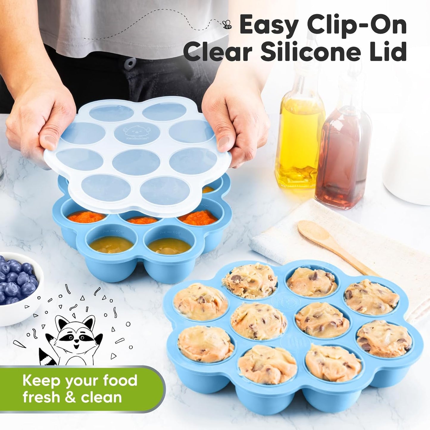 KeaBabies Silicone Food Freezer Trays with Lid, 2oz x 10 Pods Baby Food Storage Containers, Easy Puree Meal Prep, Breast Milk Silicone Freezer Molds, Dishwasher, Microwave Safe, BPA-Free (Misty Blue)
