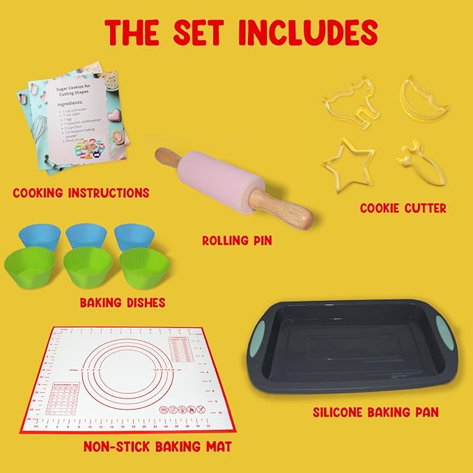 Cookie Baking Cutter Set For Kids - 6 silicon cupcake forms, 24 Assorted Cookie Cutters, Rolling Pin, Silicone Baking Pan, Non-Stick Baking Mat, Fun Activity Gift for Boys and Girls, Age 4+