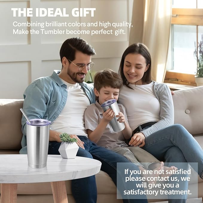 Volhoply 20oz Stainless Steel Tumbler with Lid and Straw Bulk 4 Pack,Double Wall Insulated Travel Iced Coffee Mug Fits Cup Holder,Powder Coated Cups for Hot/Cold Drinks,Christmas Gifts（Silver,4 Set）