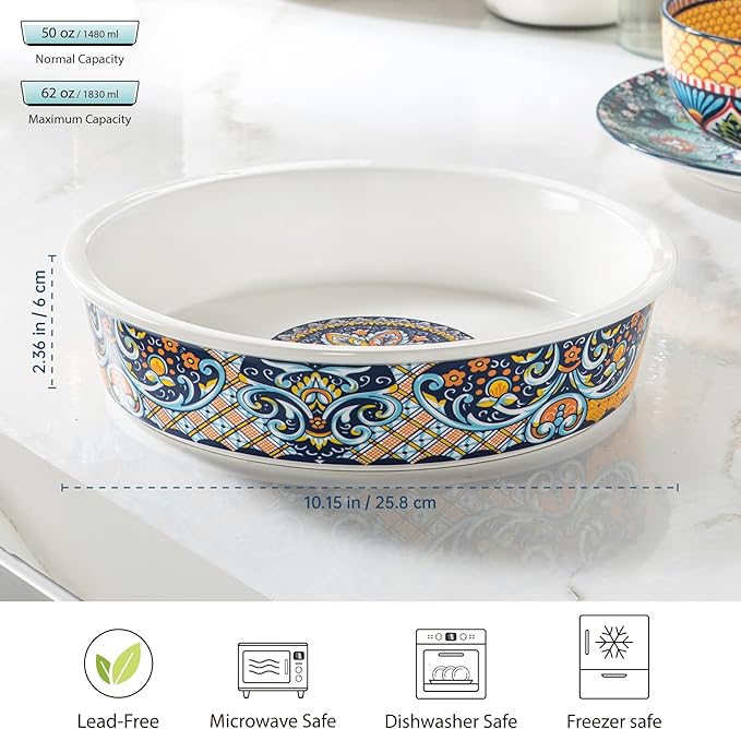 HENXFEN LEAD Ceramic Pie Dish, 10 Inch Round Pie Pan, Oven Safe Pie Plate for Apple Pie, Quiche & Tart, Boho Style Baking Dish