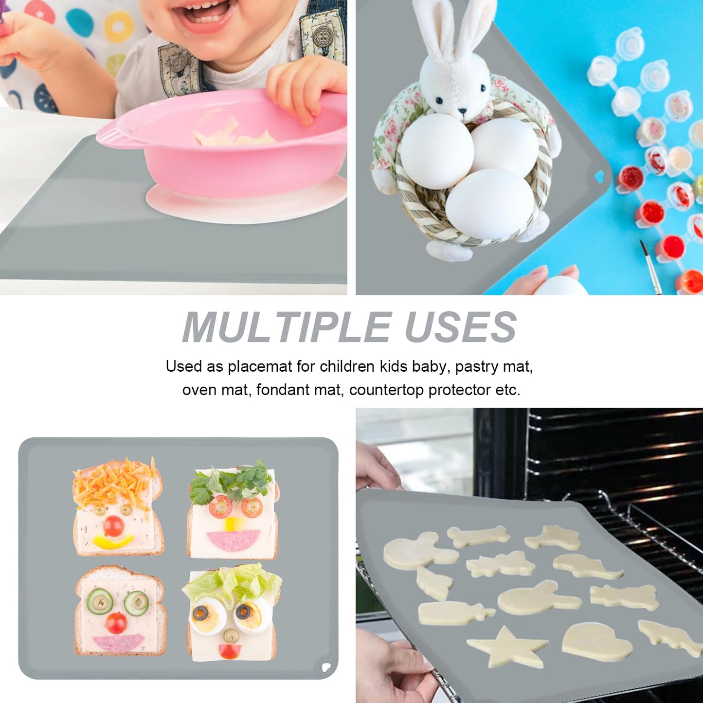 Silicone Placemat for Toddles Kids Non-Slip Reusable Portable Baby Placemats for Restaurant Stain-Proof Children Food Mats Eating Table Mat 2 Pack (Silver Gray)