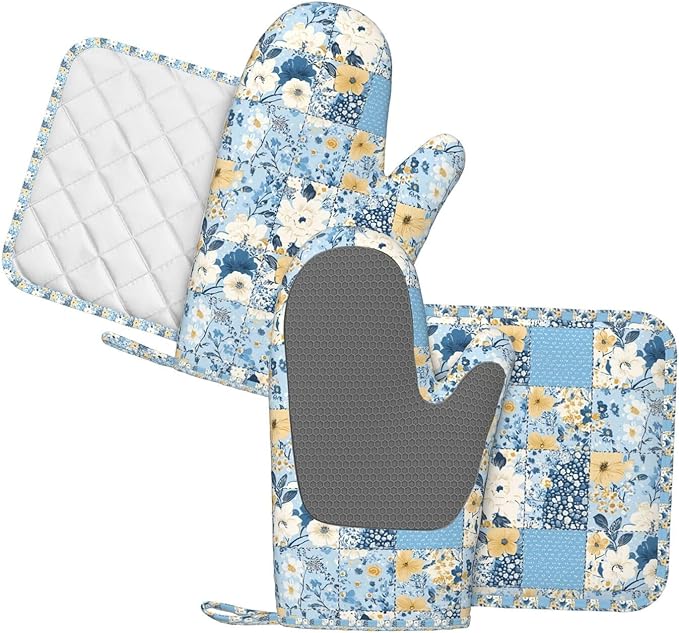 Oven Mitts and Pot Holders Floral Blue Pastel Vintage Silicone Kitchen Accessories Set of 4 Heat Resistant Long Gloves Potholder Non-Slip Grip for Chef Cooking Baking Grilling BBQ
