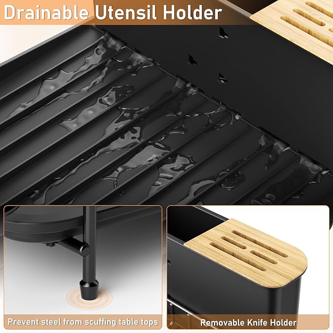 Large Dish Drying Rack, Multifunctional Dish Rack for Kitchen Counter, Expandable Dish Drainers with Drainboard Utensil Holder, Cup Holder, Black